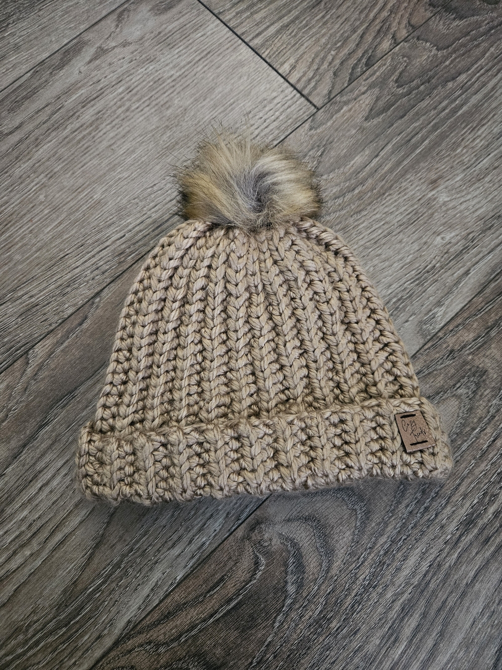 Handmade Knit Pom Beanie Hat in Beige